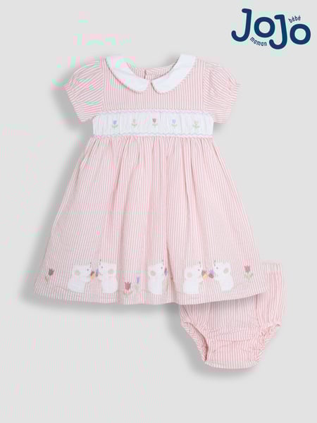 JoJo Maman Bébé Pink Mouse Seersucker Appliqué Smocked Dress (AU4241) | € 51 - € 57