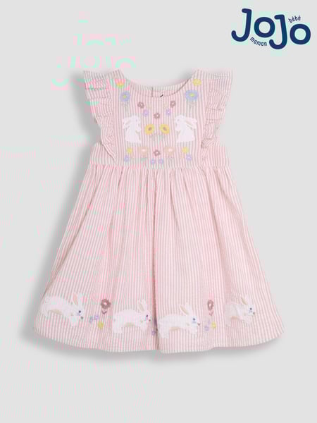 JoJo Maman Bébé Pink Bunny Appliqué Seersucker Summer 100% Cotton Dress (AU4242) | € 41 - € 46