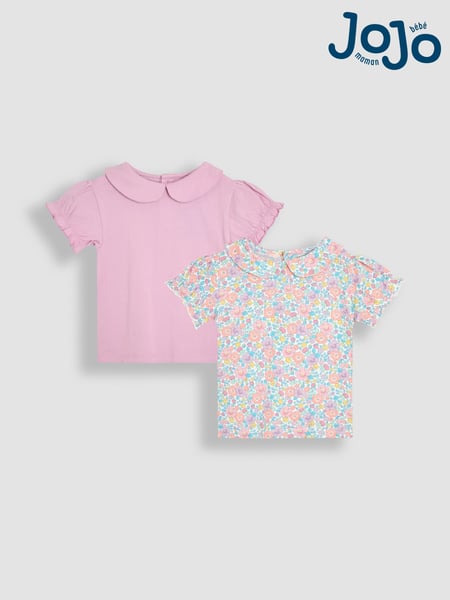 JoJo Maman Bébé Lilac Purple Floral 2-Pack Puff Sleeve Collared T-Shirts (AU4614) | € 32 - € 37