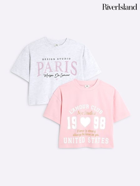 River Island Pink Girls Crop 100% Cotton T-Shirts 2 Pack (AU5165) | € 22