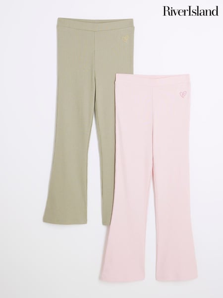 River Island Pink Girls Ribbed Kickflare 100% Cotton Trousers 2 Pack (AU5208) | € 34