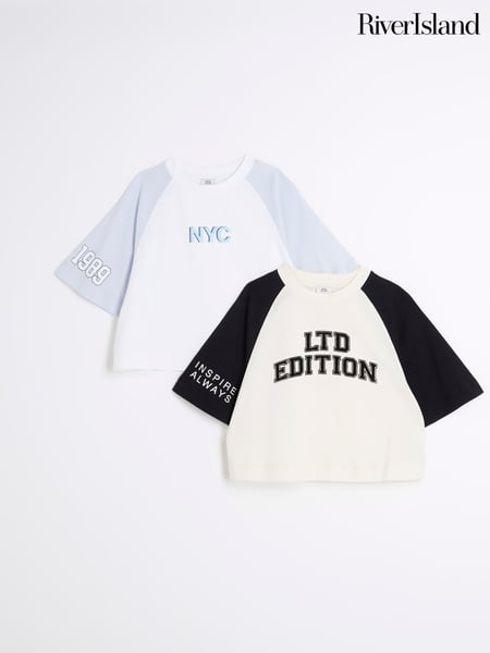 River Island Cream Girls Crop 100% Cotton T-Shirts 2 Pack (AU5223) | € 12
