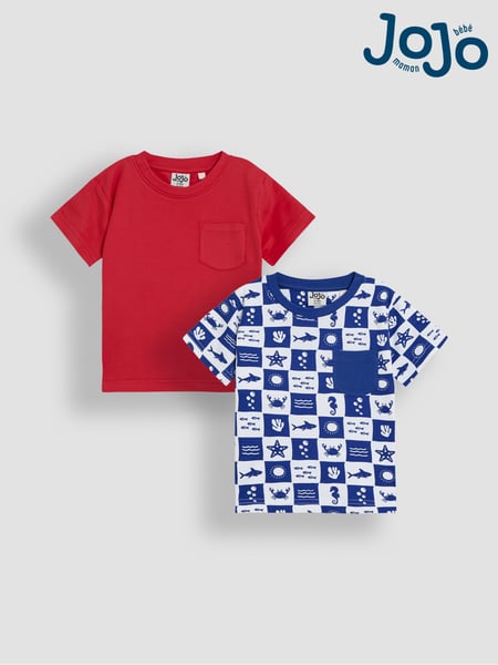 JoJo Maman Bébé Blue Beach Checkerboard 100% Cotton Printed & Plain T-Shirts 2 Pack (AU5335) | € 32 - € 37