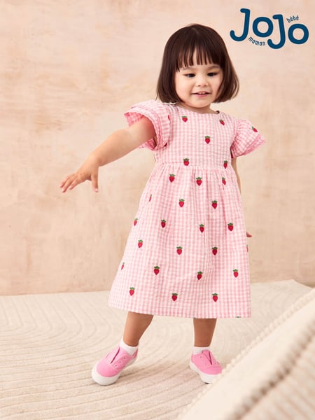 JoJo Maman Bébé Pink Strawberry Embroidered Gingham Double Frill Shoulder Dress (AU5342) | € 41 - € 46