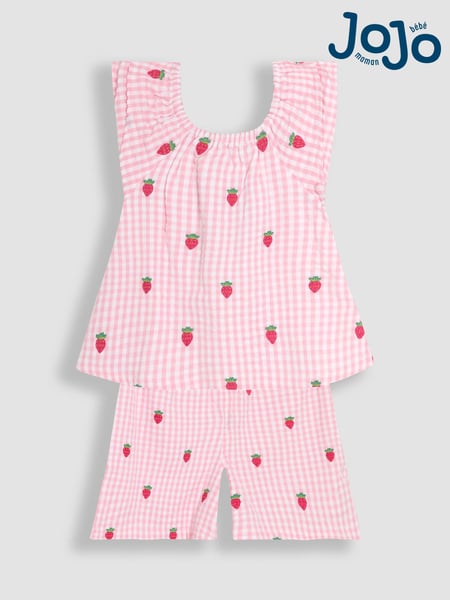 JoJo Maman Bébé Pink Gingham Strawberry Embroidered Blouse and Shorts Set 2 Piece (AU5349) | € 48 - € 57
