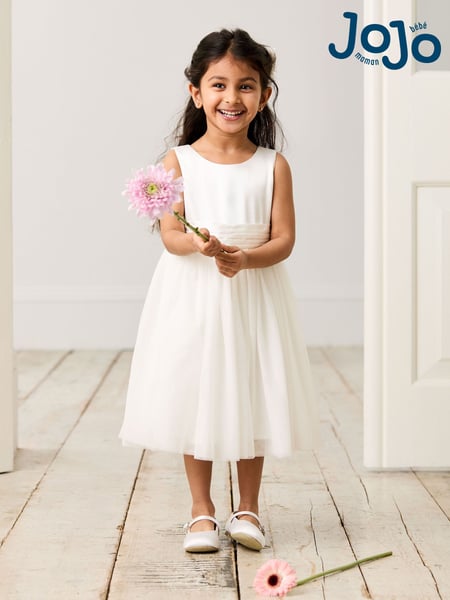 JoJo Maman Bébé Cream Girl Satin Flower Dress With Satin Sash (AU5364) | € 85 - € 94