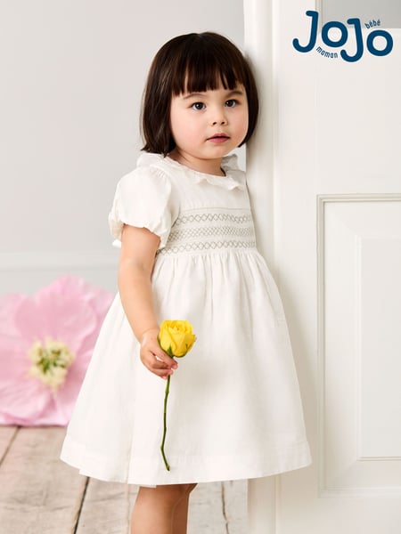 JoJo Maman Bébé Cream Smocked Puff Sleeve Cotton Satin Flower Girl Dress (AU5394) | € 75 - € 85