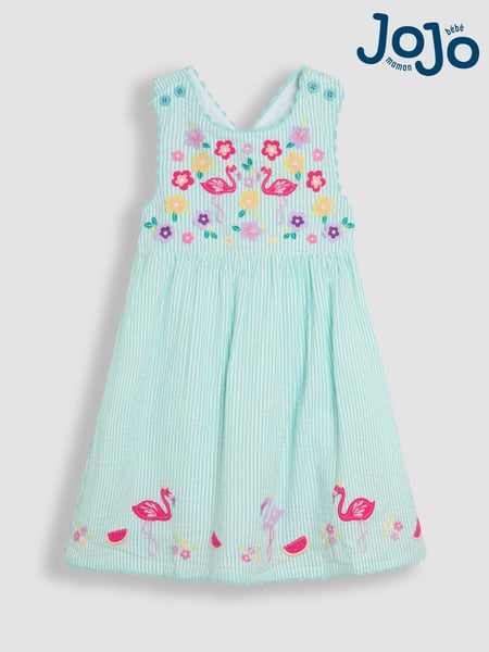 JoJo Maman Bébé Mint Green Flamingo Appliqué Seersucker Cross Back Dress (AU5534) | € 41 - € 46