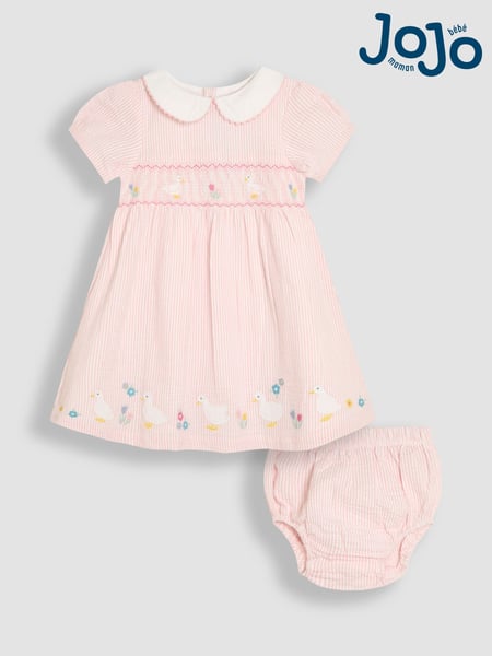 JoJo Maman Bébé Pink Duck Seersucker Appliqué Smocked Dress (AU5535) | € 51 - € 57