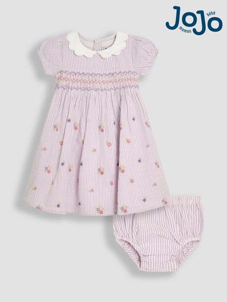 JoJo Maman Bébé Lilac Purple Floral Seersucker Embroidered Smocked Dress (AU5562) | € 51 - € 57