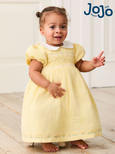 JoJo Maman Bébé Yellow Bud Floral Embroidered Smocked Party Dress (AU5568) | € 62 - € 72