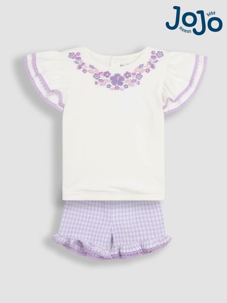 JoJo Maman Bébé Lilac Purple Gingham 2-Piece Embroidered Double Frill Sleeve T-Shirt & Shorts Set (AU5575) | € 48 - € 57