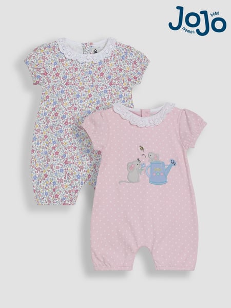 JoJo Maman Bébé Pink Mouse Applique 2 Pack Broderie Collar Rompers (AU5608) | € 48 - € 51