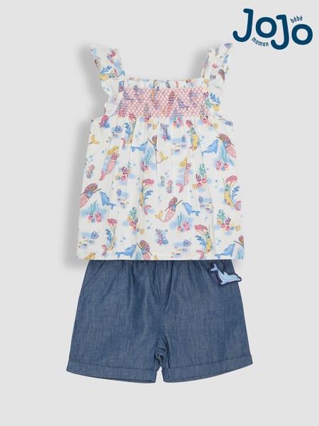 JoJo Maman Bébé Blue Mermaid Scene 2-Piece Pet in Pocket Smocked Blouse & Shorts Set (AU5620) | € 48 - € 57