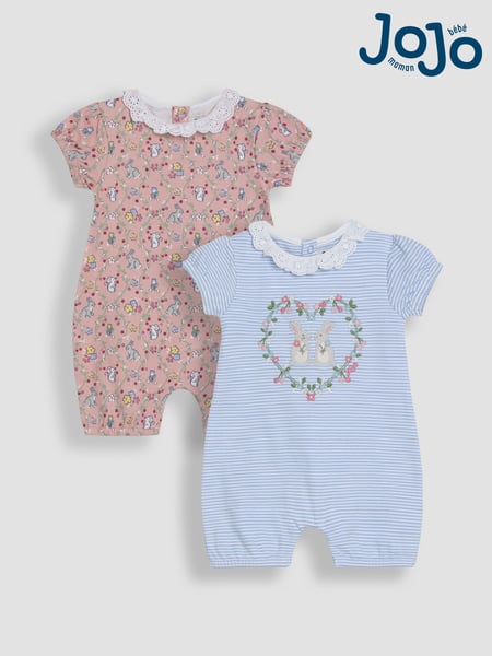 JoJo Maman Bébé Blue Bunny Applique 2 Pack Broderie Collar Rompers (AU5625) | € 48 - € 51