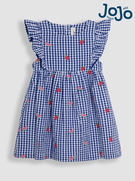 JoJo Maman Bébé Blue Strawberry & Watermelon Embroidered Pretty Summer Dress (AU5633) | € 40 - € 45