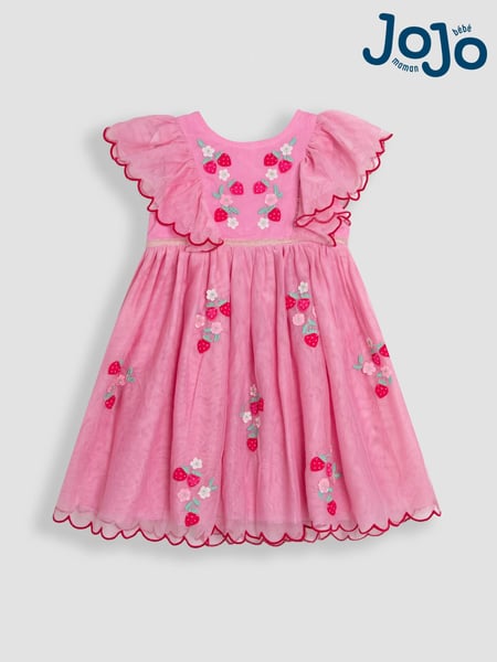 JoJo Maman Bébé Pink Strawberry Floral Scallop Sleeve Embroidered Tulle Party Dress (AU5636) | € 59 - € 69