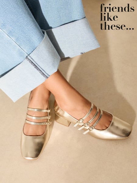 Friends Like These Gold Low Block Heel Triple Strap Maryjane Court Shoes (AU5681) | € 56