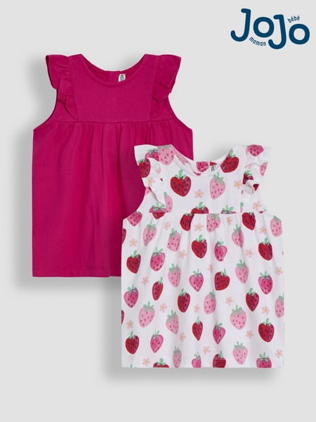 JoJo Maman Bébé Pink Strawberry Floral 2-Pack Flutter Sleeve T-Shirts (AU5761) | € 32 - € 37
