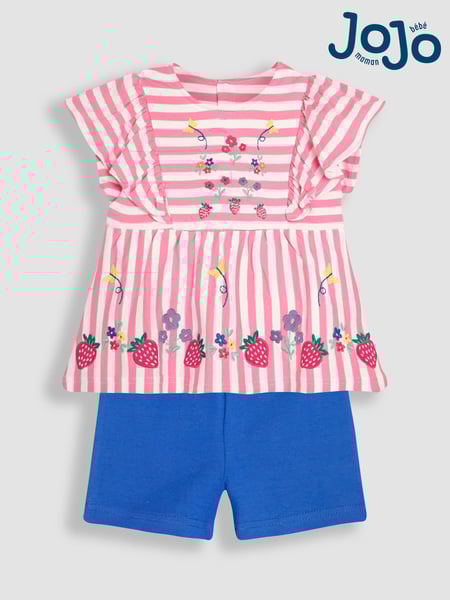 JoJo Maman Bébé Raspberry Pink 2-Piece Floral Appliqué Ruffle Front T-Shirt & Shorts Set (AU5770) | € 40 - € 45