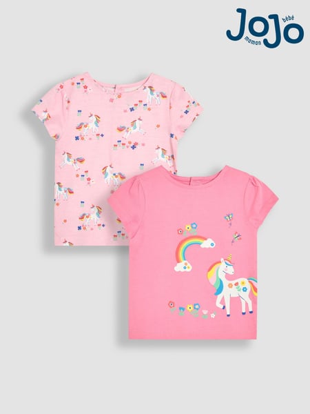 JoJo Maman Bébé Fuchsia Pink Unicorn Applique Printed T-Shirts 2 Pack (AU5780) | € 32 - € 37