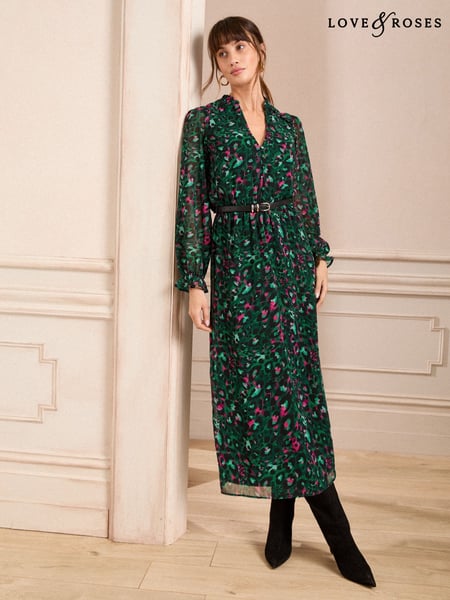 Love & Roses Green V-Neck PU Belted Long Sleeve Midi Dress (AU5824) | € 108