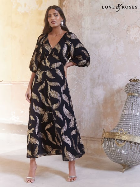 Love & Roses Black Feather Metallic Puff Sleeve Midi Dress (AU5827) | € 76