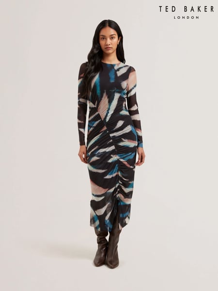 Ted Baker Black Ellylou Printed Mesh Bodycon Gathered Midi Dress (AU6496) | € 217