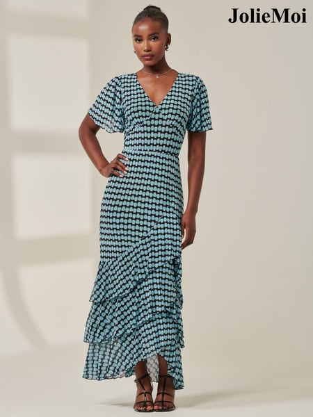 Jolie Moi Blue Geo Print Tiered Maxi Dress (AU6829) | € 133