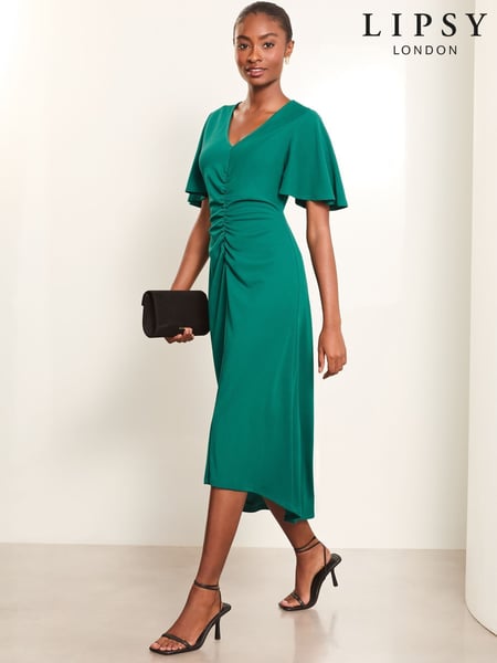 Lipsy Teal Blue Short Sleeve V-Neck Ruched Midi Dress (AU7226) | € 30
