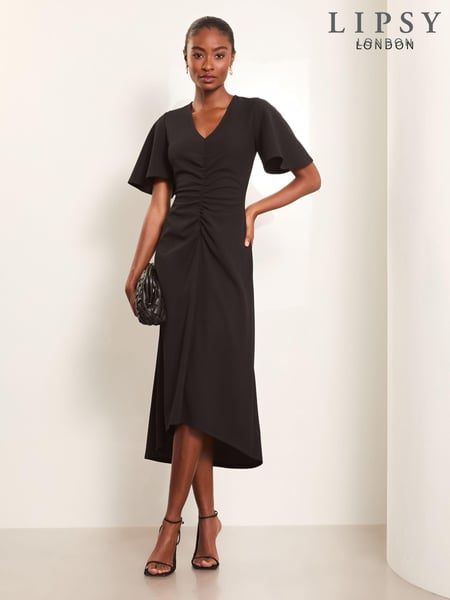 Lipsy Black Petite Short Sleeve V-Neck Ruched Midi Dress (AU7235) | € 76