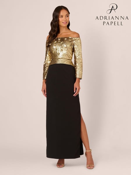 Adrianna Papell Off Shoulder Bead Crepe Black Dress (AU7293) | € 244