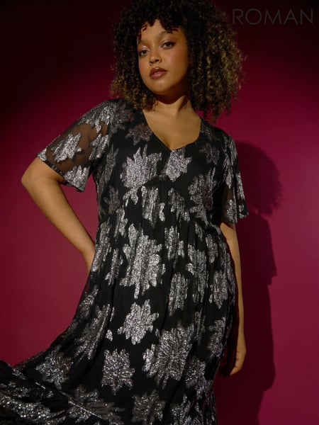 Roman Metallic Curve V-Neck Print Tiered Midi Dress (AU7336) | € 84