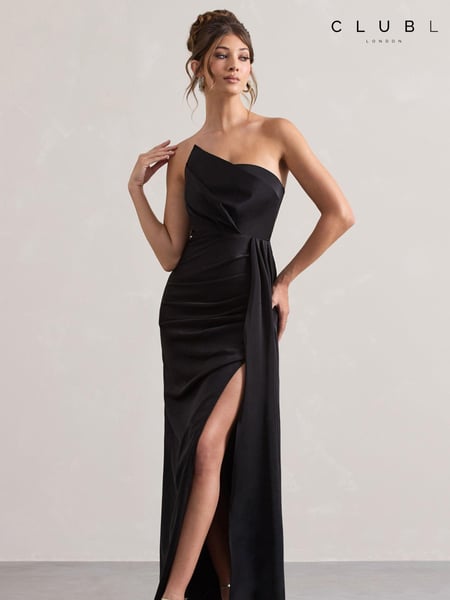 Club L London Black Hollywood Satin Strapless Draped Maxi Dress (AU7584) | € 148