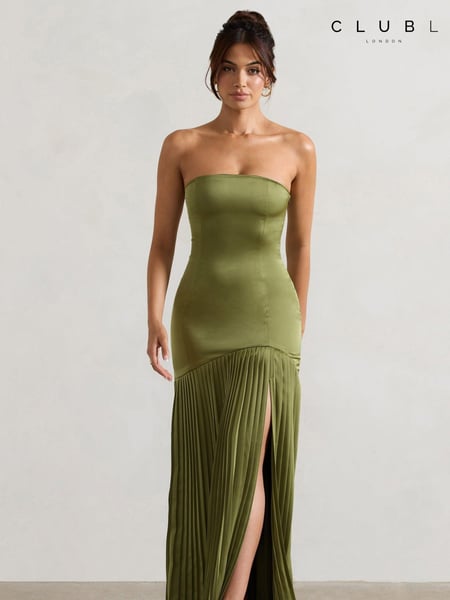 Club L London Green Confidence Satin Bandeau Pleated Split Maxi Dress (AU7585) | € 148