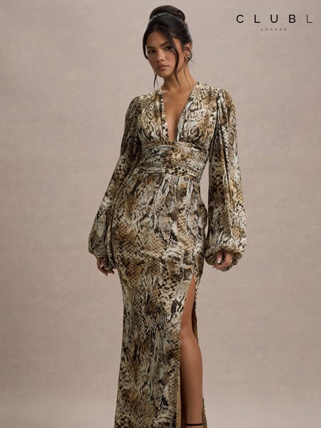 Club L London Snake Print Casarile V-Neck Balloon Sleeve Maxi Dress (AU7587) | € 187