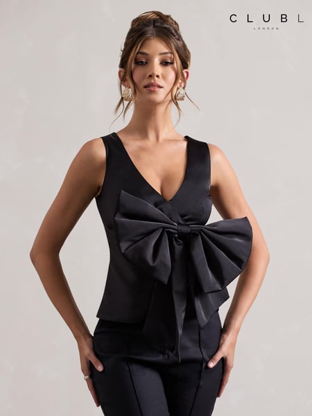 Club L London Black Adoration Satin Plunge-Neck Top With Bow (AU7589) | € 50