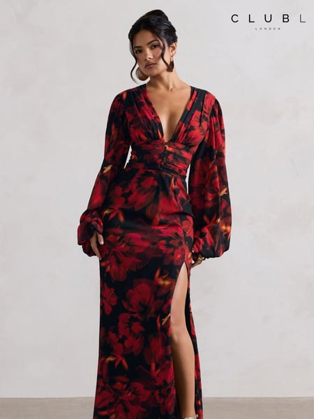 Club L London Black Casarile V-Neck Balloon Sleeve Maxi Dress (AU7591) | € 187