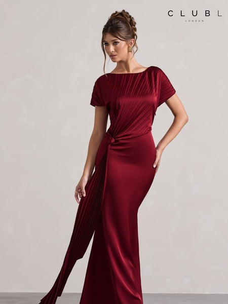 Club L London Red Ambrosia Satin Pleated Maxi Dress With Drape (AU7594) | € 187