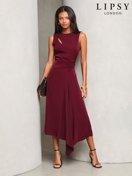 Lipsy Burgundy Red Sleeveless Ruched Front Asymmetrical Midi Dress (AU7869) | € 56
