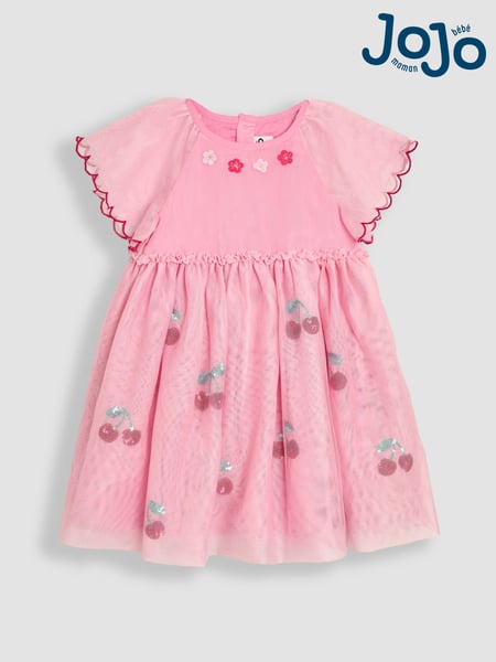 JoJo Maman Bébé Pink Cherry Angel Sleeve Appliqué Tulle Party Dress (AU7925) | € 59 - € 69