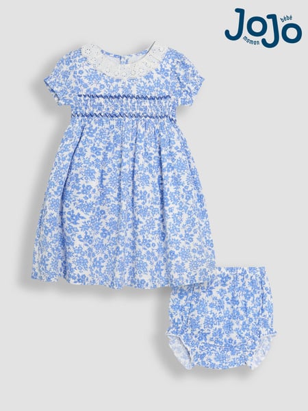 JoJo Maman Bébé Blue Floral Smocked Woven 100% Cotton Dress (AU8029) | € 45 - € 57