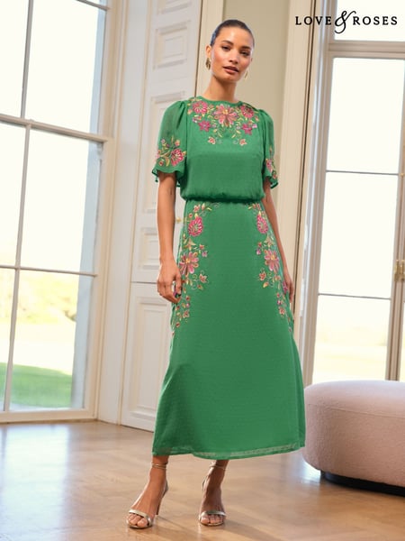 Love & Roses Green Floral Embroidered Crew Neck Angel Sleeve Midi Dress (AU8170) | € 139