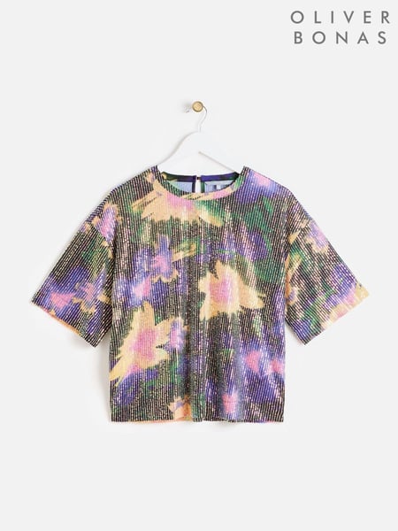 Oliver Bonas Purple Abstract Floral Purple Sequin T-Shirt (AU8218) | € 35