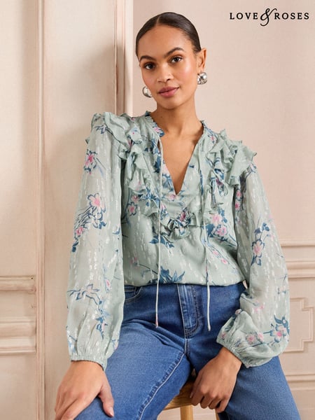Love & Roses Mint Green Ruffle Tie Neck Long Sleeve Blouse (AU8393) | € 69
