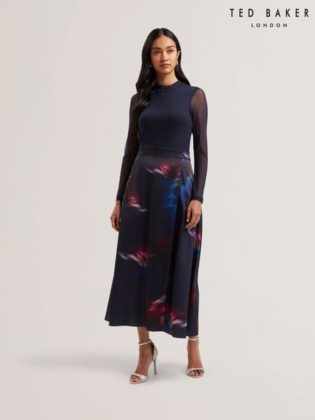 Ted Baker Blue Lilabel Mesh Top Printed Skirt Midi Dress (AU8732) | € 279