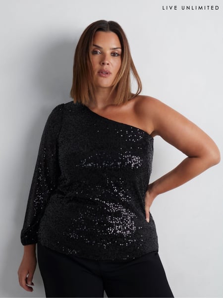 Live Unlimited Black Curve Sequin One Shoulder Top (AU8923) | € 48