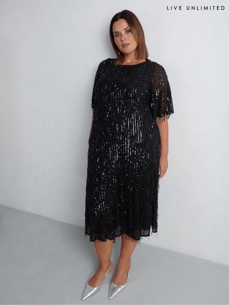 Live Unlimited Black Curve Fringe Sequin Midi Dress (AU8927) | € 86