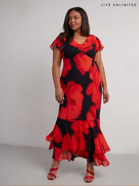 Live Unlimited Red Petite Floral Ruffle Shoulder Maxi Dress (AU8954) | € 100