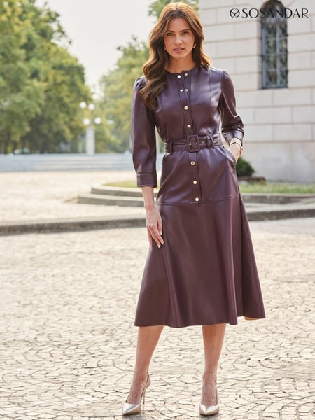 Sosandar Red Faux Leather Belted Fit And Flare Dress (AU9237) | € 133